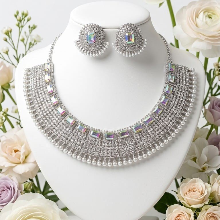 Silver Iridescent Crystal Choker Necklace Set - Rhodium Plated Statement Bridal Jewelry with Pearl Drops & Earrings